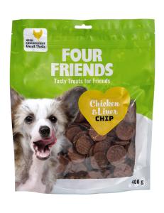 Belöningsgodis av hög kvalitet. FourFriends Chicken & Liver Chip är en belöning med hög kötthalt av kyckling och lever.