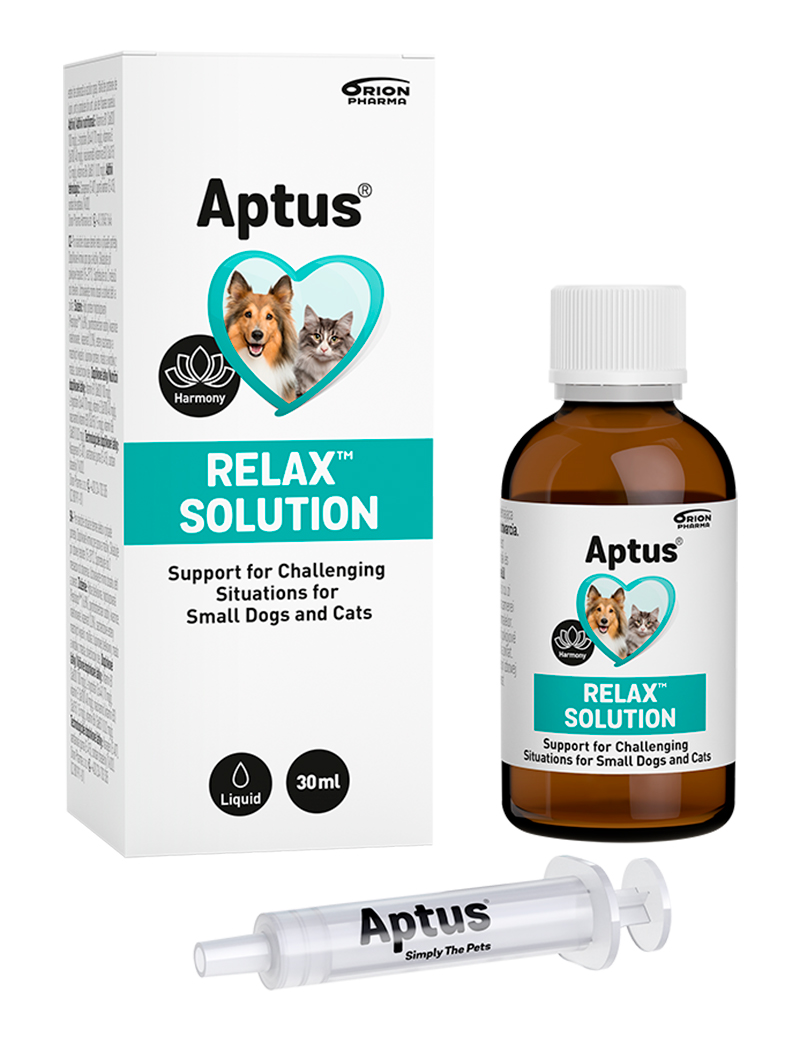 Aptus® Relax™ kan användas dagligen eller vid utmanande situationer hos hund eller katt. Rekommenderas vid t.ex. veterinärbesök, resa, separation, kloklippning, åska eller fyrverkerier.
