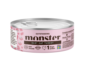 Monster Babycat mousse är ett pefekt alternativ i övrgånen från modersmjölk till fast föda. Man kan även ge mamma katt i slutet av dräktigheten och under själva digivningen. Moussen är väldigt mjuk och smakrik med kalkon.