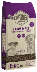 CARRIER LAMM & RIS är ett vetefritt helfoder till normalt aktiva hundar av alla raser.