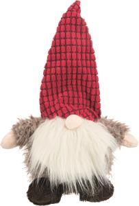 Mjuk tomte som är en hundleksak med pipljud och prassel i luvan