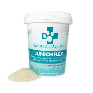 Svenska DjurApotekets JuniorFlex är framtagen till valpar från 5 månader samt unghundar. JuniorFlex innehåller Grönläppad Mussla och C-vitamin. För ledernas uppbyggnad, funktion och är byggstenar för ledbrosket.