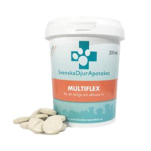 Svenska DjurApotekets MultiFlex är en kombination av flera olika ledprodukter som Glukosamin, MSM, Grönläppad Mussla, Kondroitin och C-vitamin. MultiFlex innehåller även aminosyran L-arginin som kan öka blodtransporten genom kroppen.