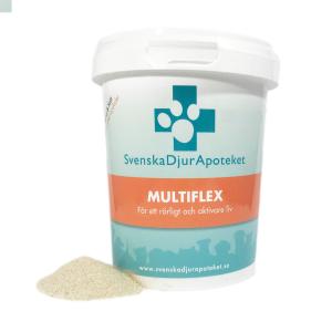 Svenska DjurApotekets MultiFlex är en kombination av flera olika ledprodukter som Glukosamin, MSM, Grönläppad Mussla, Kondroitin och C-vitamin. MultiFlex innehåller även aminosyran L-arginin som kan öka blodtransporten genom kroppen.