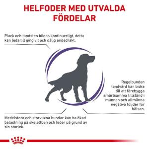 Dietiskt helfoder för hundar av mellan/stora raser (vuxenvikt över 10 kg) med avsikt att stödja munhälsan. Fodret motverkar plack, tandsten och dålig andedräkt.