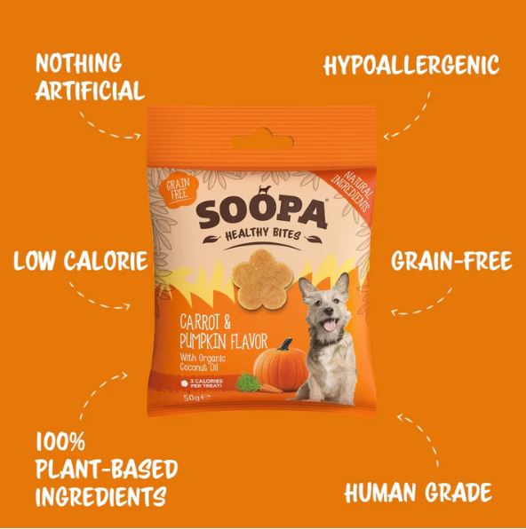 Soopa Healthy Bites är spannmålsfria, allergivänliga och tillverkade av naturliga ingredienser av humankvalitet. Dessa små bitar är utmärkta att använda för träning.