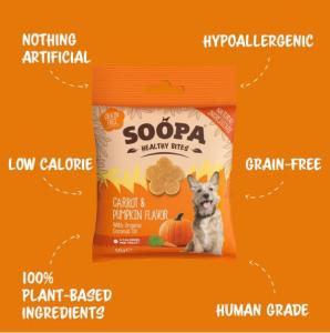 Soopa Healthy Bites är spannmålsfria, allergivänliga och tillverkade av naturliga ingredienser av humankvalitet. Dessa små bitar är utmärkta att använda för träning.