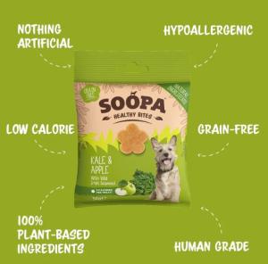 Soopa Healthy Bites är spannmålsfria, allergivänliga och tillverkade av naturliga ingredienser av humankvalitet. Dessa små bitar är utmärkta att använda för träning.