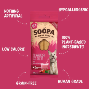 Soopa Healthy sticks är spannmålsfria, allergivänliga och tillverkade av naturliga ingredienser av humankvalitet. De hjälper till att hålla din hunds tänder rena och förbättrar andedräkten.