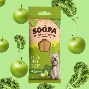 Soopa Dental Sticks är en allergivänlig spannmålsfri.Tillverkade med 100% naturliga ingredienser av human kvalitet. De hjälper till att hålla din hunds tänder rena och förbättrar andedräkten. Sprängfyllda med vitaminer, mineraler och hälsofördelar.