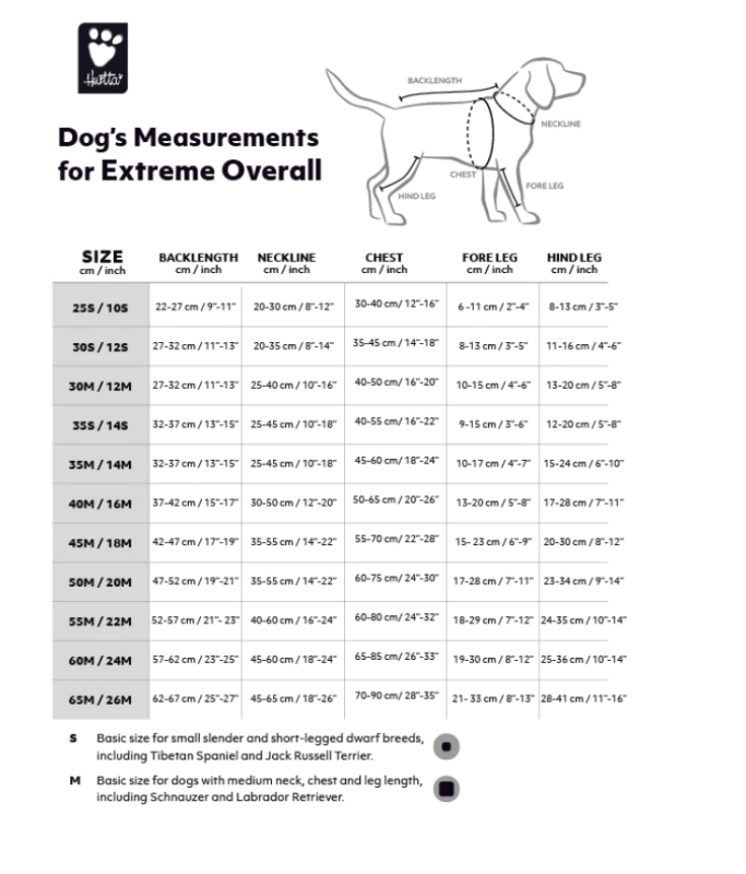 Hurtta Extreme Overall värmande overall är utformad för särskilt kalla förhållanden och för hundar som lätt fryser. Den skyddande utformningen isolerar hundens stora muskelgrupper samt bukregionen, bröstet och benen,