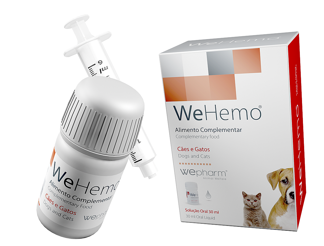 WeHemo är ett kompletteringsfoder för hundar och katter som är rikt på järn, folsyra, vitaminer, mineraler och aminosyror som kan vara nödvändigt stöd för anemi