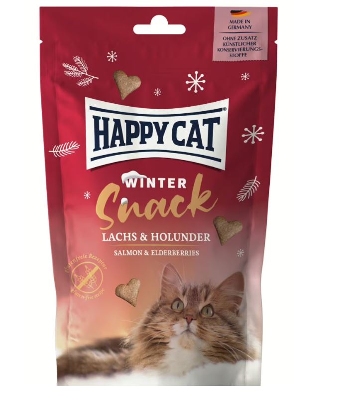 Happy Cat Winter Snack är ett kattgodis med välsmakande lax och fin fläder. Det glutenfria godiset i form av ett sött hjärta är också idealiskt för känsliga katter. Kombinationen av högkvalitativ lax, som är rik på omega-3 och omega-6 fettsyror