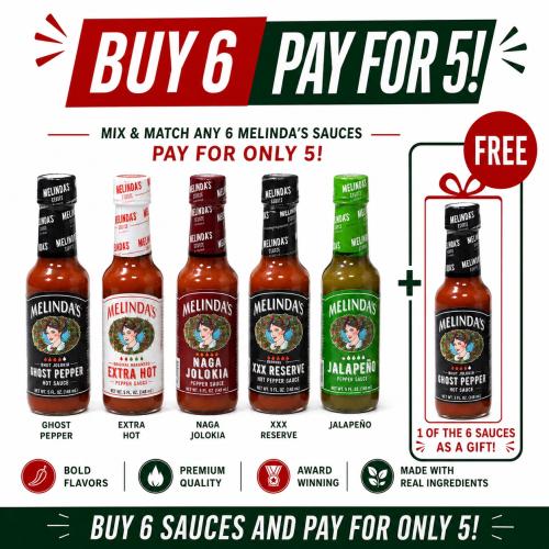 Buy 6 Melinda,s sauces and pay for only 5!