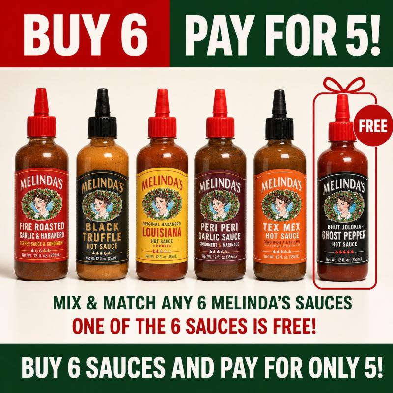Buy 6 Melinda,s Squeeze sauces and pay for only 5!