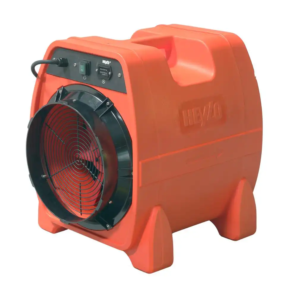 PowerVent 3000|En orange axialfläkt från HeyLo med en vikt på 17,5 kg och kapacitet på 3100m3/H.