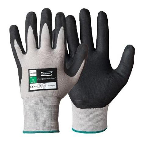 1140755 är en mycket slitstark, sömlös och smidig montagehandske från Granberg med handflata i nitrildoppad yta och nylon över handrygg för en smidig känsla och bra grepp avsedd för presisionsarbete
