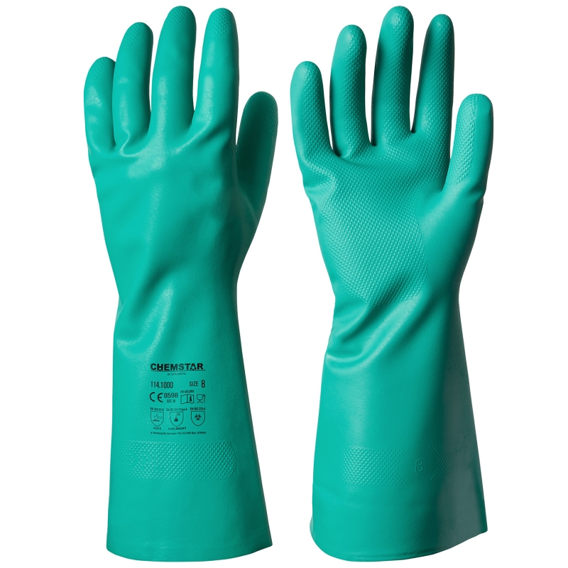 1141000 är en kemikalieresistent handske i nitril Chemstar® Flossat bomullsfoder som skyddar mot väta, kemikalier, smuts, bensin, olja och lösningsmedel