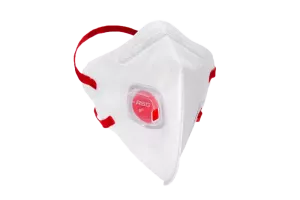 En vit engångsmask med röda utandningsventiler från RSG som filtrera bort upp till 94% av dammpartiklar