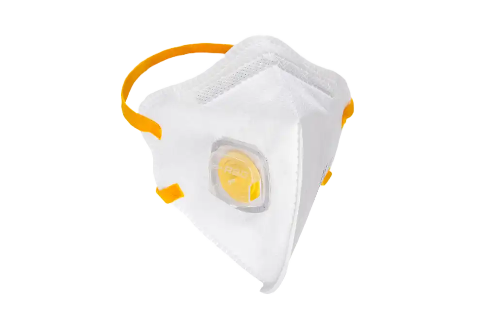En vit engångsmask med gula utandningsventiler från RSG som filtrerar bort upp till 99% av dammpartiklar