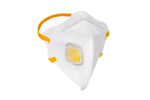 En vit engångsmask med gula utandningsventiler från RSG som filtrerar bort upp till 99% av dammpartiklar