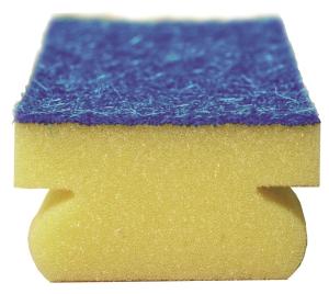 En greppvänlig skursvamp med blå skuryta innehållande 20% slipmedel och kan användas till reptåliga material|21004