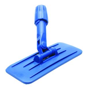En skurblockshållare med yta av kraftig kardborreband på undersidan och där fästes skurblock, skurnylon eller k-mopp