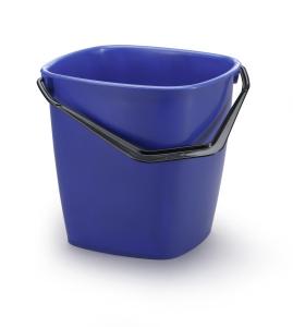 En kvadratformad blå hink på 14 liter med handtag i polypropylenplast med mått 28,5cmx28,5cmx28cm