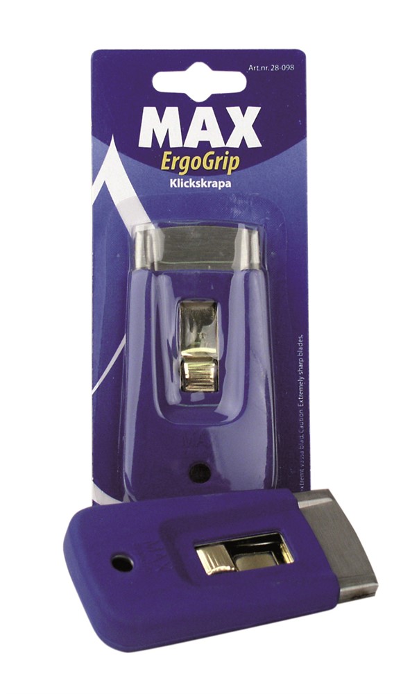 En ergonomiskt utformad klickskrapa för tex spishäll med ett hölje av greppvänligt gummi från MAX med utbytbara blad|28098