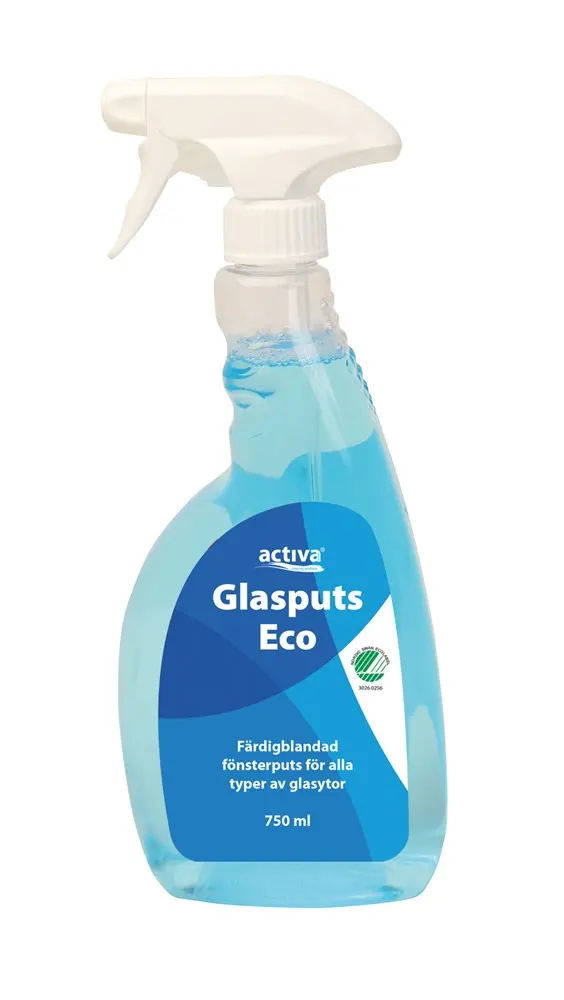 750 ml Glasputs Eco i sprayflaska från Activa är en färdigblandad biologiskt nedbrytbar glasputs för fönster, speglar och övriga glasytor