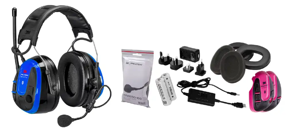 Ett set trådlösa hörlurar från 3M Peltor WS Alert XPI med mobil applikation. Hjässbygel|inkl. batteri, laddare och tillbehör