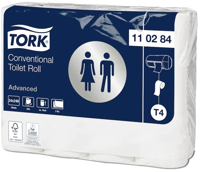 110284|Tork|Extra långt toalettpapper från Hygienteknik med 2 lager om 24 rullar per bal|Advanced T4|60006