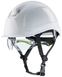 Vit skyddshjälm från KASK med svart 4-punkts hakband. Levereras med Skyddsglasögon UVEX 9192 Pheos