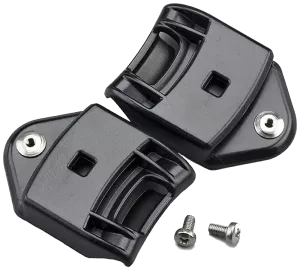 Två svarta fästen med nitar|2vå små skruvar