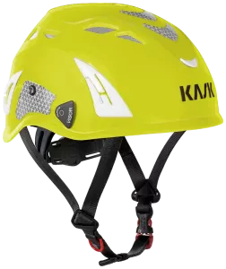 En Skyddshjälm i Hi-Viz färg för hög synbarhet med svart hakrem| Hi-Viz|Skyddshjälm Kask Plasma Hi-Viz