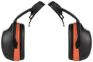 Orangea SC3 hörselkåpor utan adapter att fästa i hjälm från KASK för användning i mycket bullriga miljöer som ex vid flygplan
