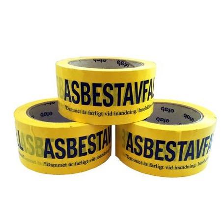 PVC242K är en gul högkvalitativ seg och slagtålig pack- och varningstejp med den svarta texten ASBESTAVFALL-Dammet är farligt vid inandning för att märka upp och försluta gods som innehåller miljöfarlig och hälsovådlig asbest