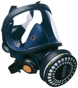 En blå helmask från Sundström med silicon som maskstomme med ett SR510 partikelfilter fastsatt|Polykarbonatvisir|SR 200
