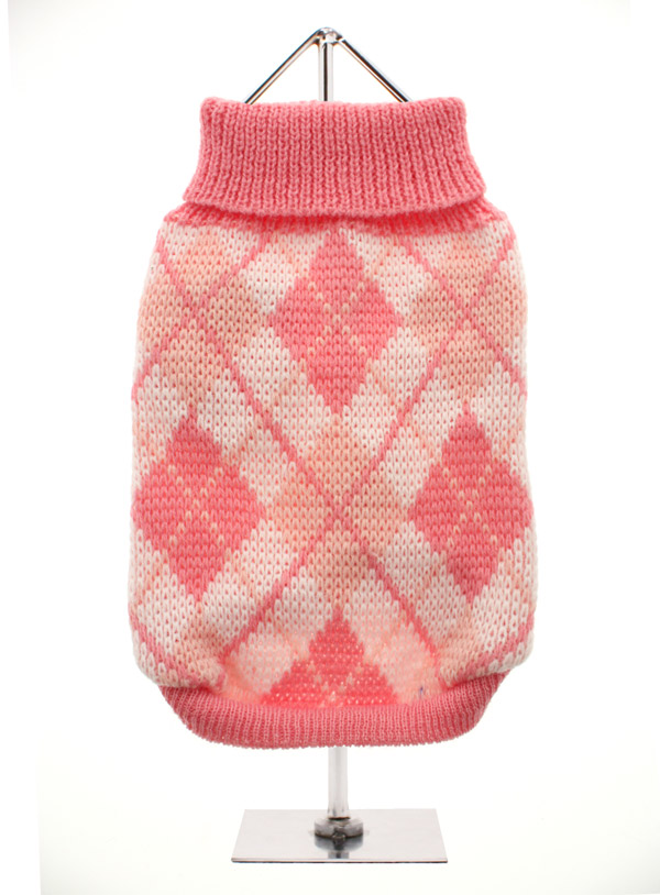 pink and white argyle sweater