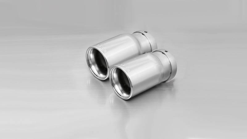 Stainless steel tail pipe set 2 tail pipes Dia: 76 mm, rolled edge, chromed, with adjustable spherical clamp connection