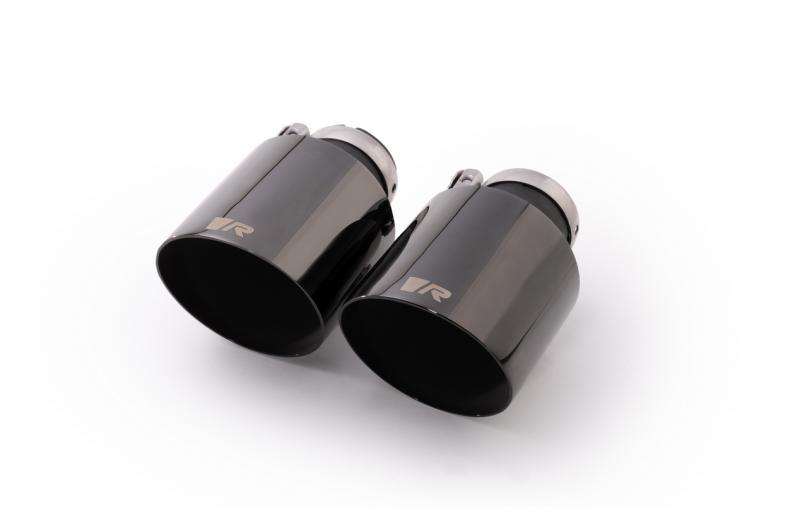 Stainless steel tail pipe set: 2 tail pipes Dia: 102 mm angled, straight cut, Glossy Black, with adjustable spherical clamp connection