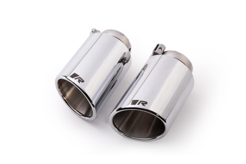 Stainless steel tail pipe set 2 tail pipes Dia: 102 mm angled/angled, rolled edge, chromed, with adjustable spherical clamp connection, "R“ Logo