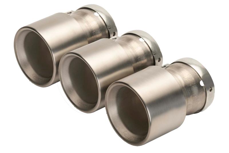 Stainless steel tail pipe set consisting of 3 tail pipes Dia: 102 mm angled, straight cut, chromed, with adjustable spherical clamp connection