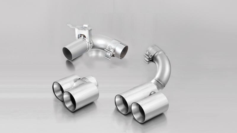 Stainless steel tail pipe set L/R consisting of 4 chromed tail pipes Dia: 76 mm straight cut, with integrated valve