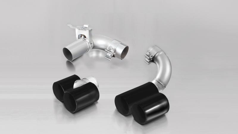 Stainless steel tail pipe set L/R consisting of 4 black chrome tail pipes Dia: 76 mm straight cut, with integrated valve