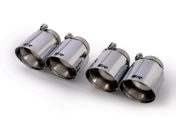 Stainless steel tail pipe set L/R with each 2 tail pipes Dia: 102 mm angled, straight cut, chromed, with adjustable spherical clamp connection