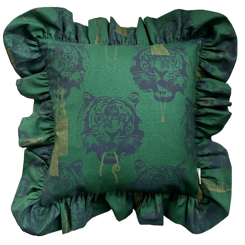 coco tiger grön volang kuddfodral 50x50cm