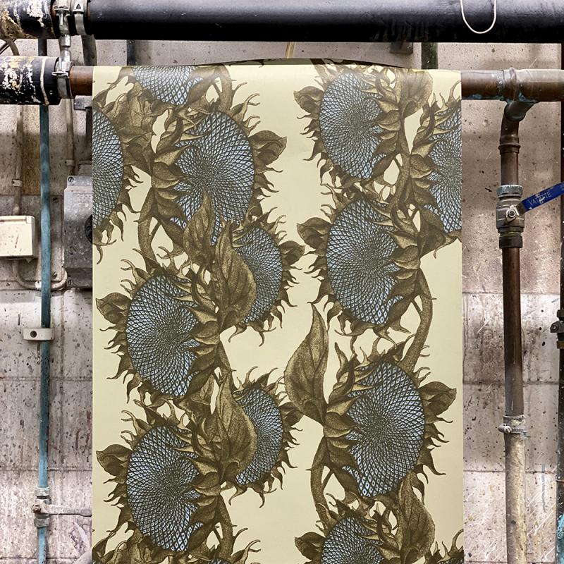 Studio Lisa Bengtsson design exclusive wallpaper high quality pattern sunflower beige green blue. Made in Sweden