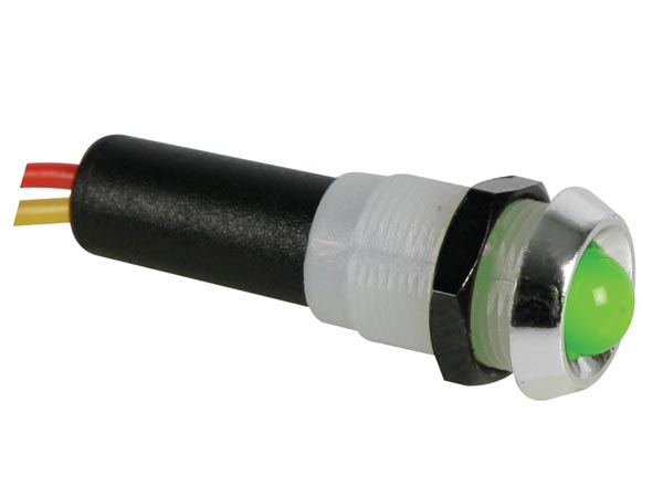 Led 12V Grön lampa med kabel, cromad ring 