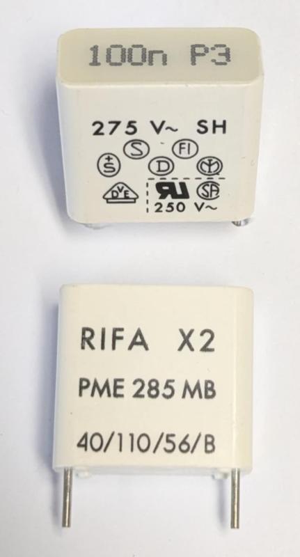 Kondensator 0,1uF 275V x 2 Polyester PME285MB Rifa